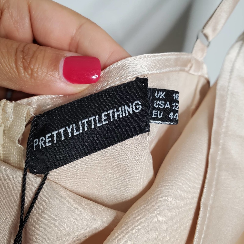 PRETTYLITTLETHING Champagne Satin Strappy Cowl Neck Sleeveless Midi Dress Sz 12 - Picture 4 of 8